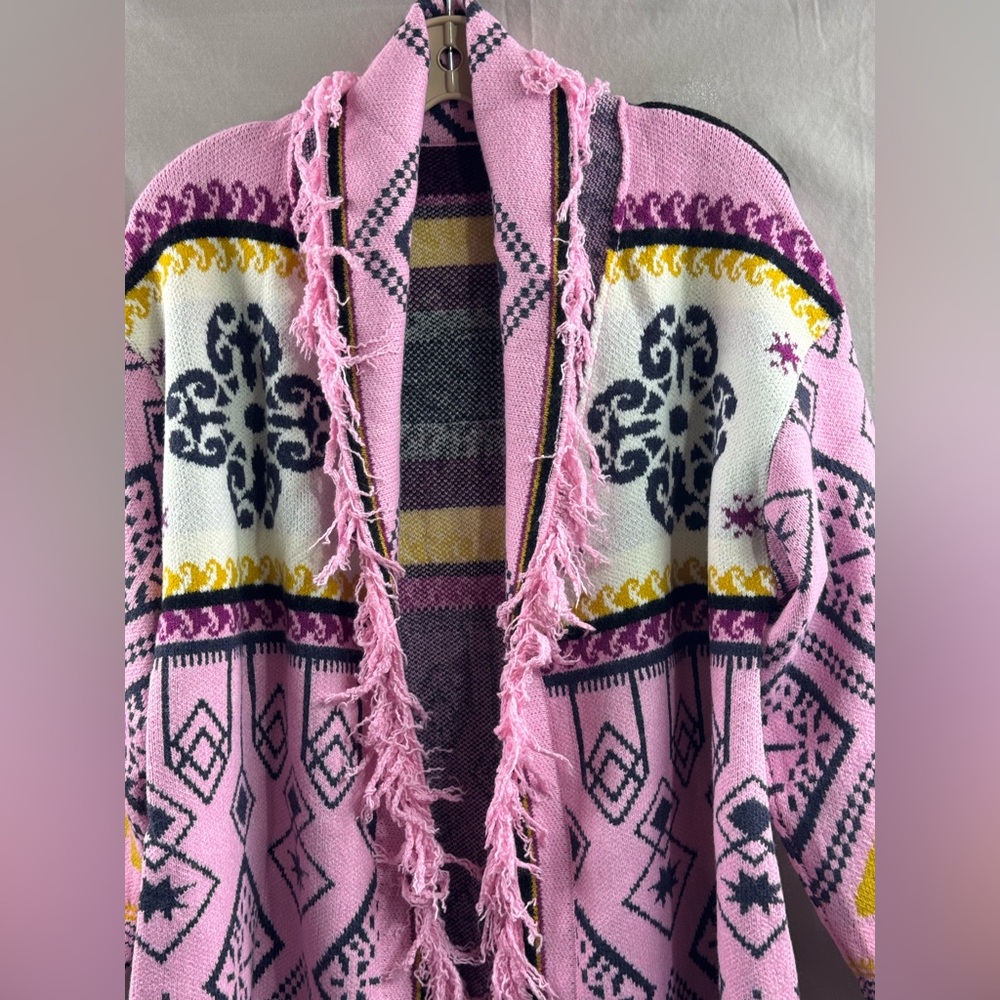 Pink Geometric Aztec Print Fringe Cardigan - Picture 14 of 15